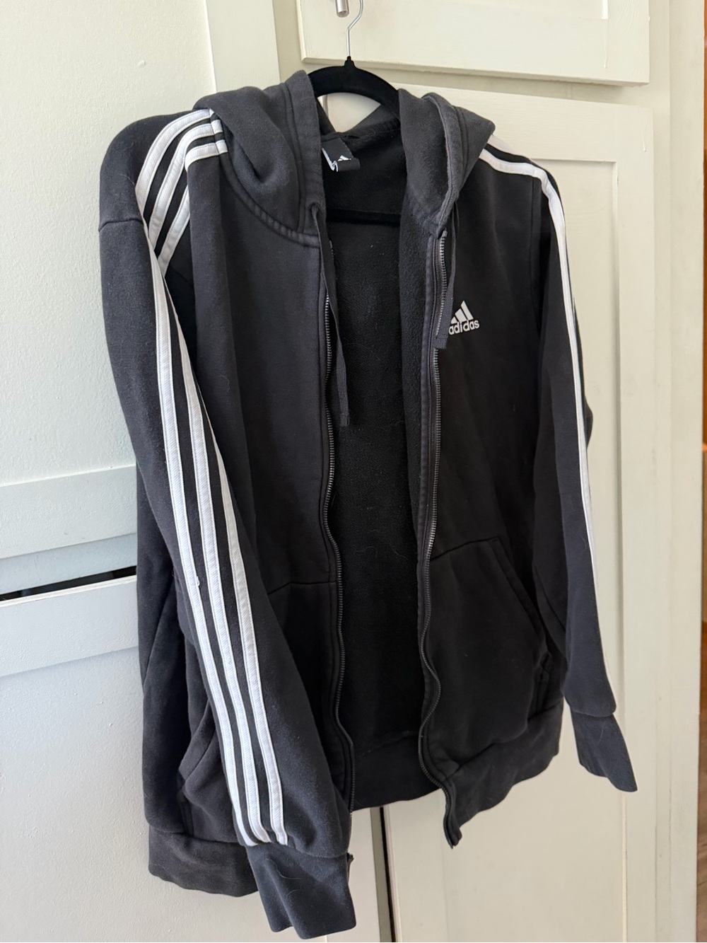 Adidas Men's Hoodie Black/White 3-Stripes Full Zip Track Jacket - Size XL